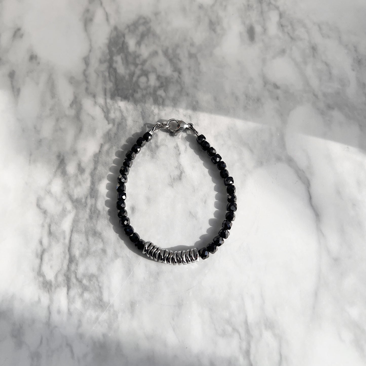 Black Spinel & Silver Hematite Gemstone Bracelet