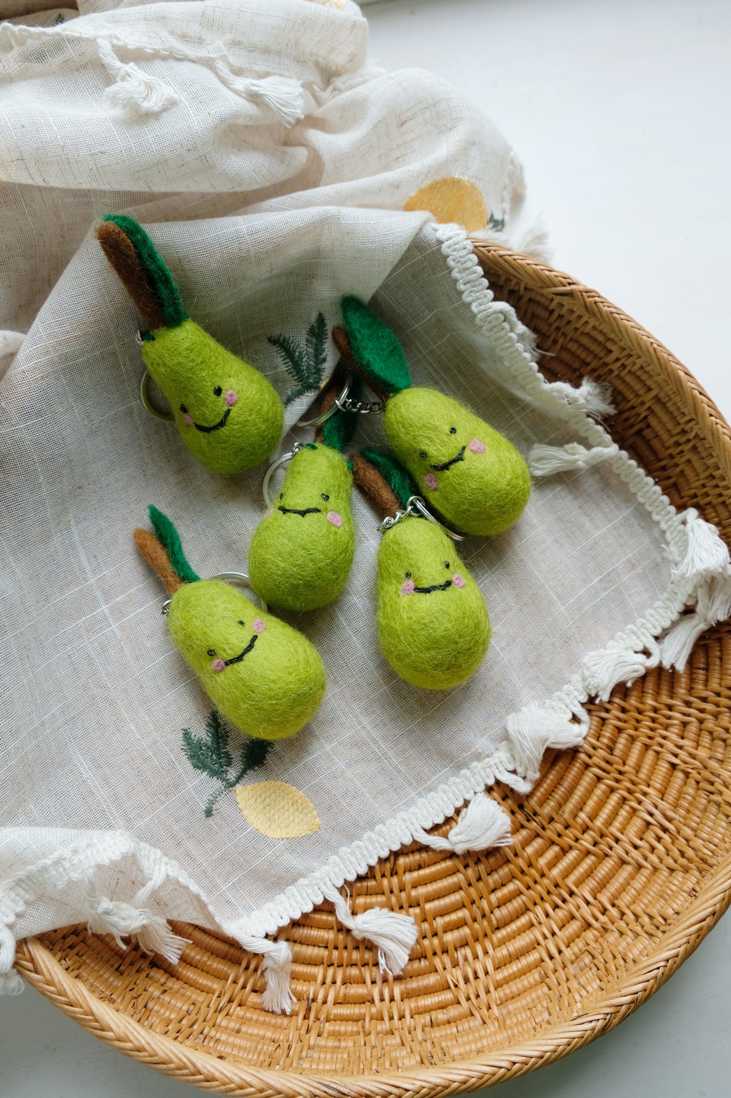 Needle felted smiling PEAR keychain