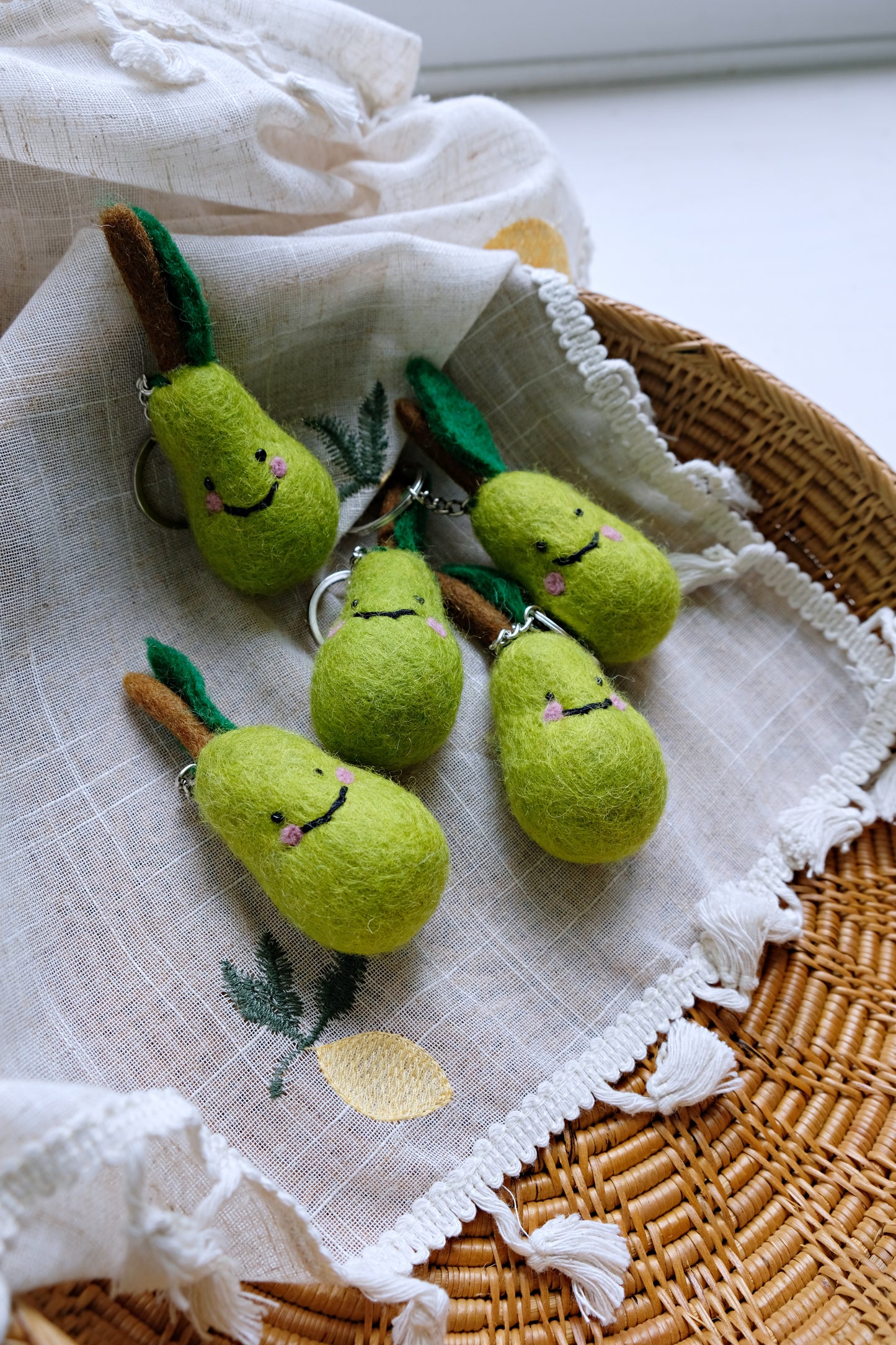 Needle felted smiling PEAR keychain