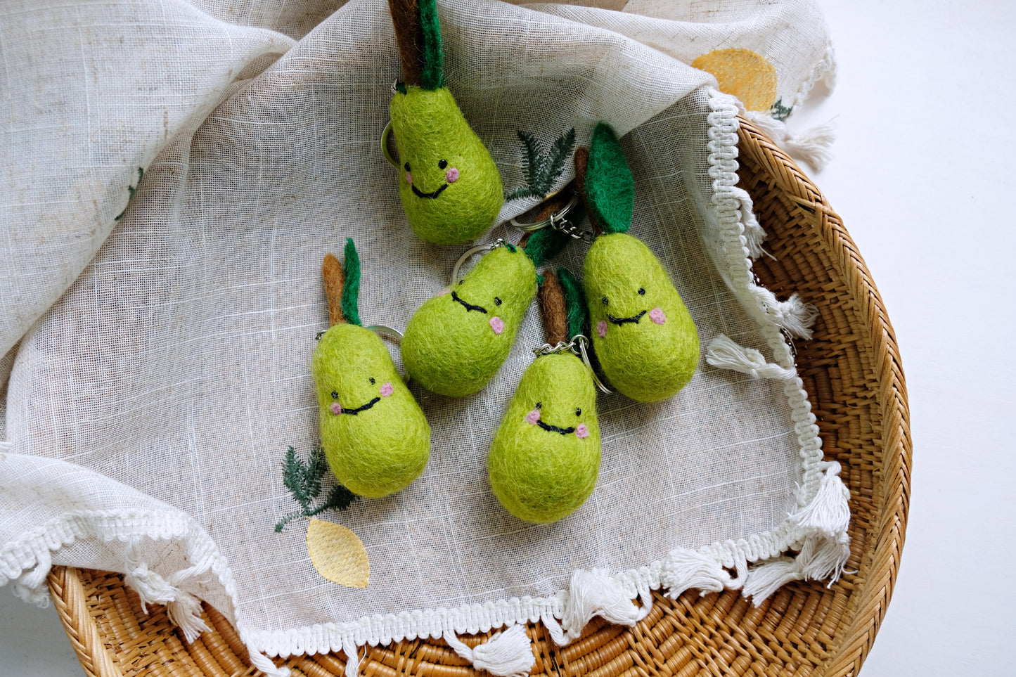Needle felted smiling PEAR keychain