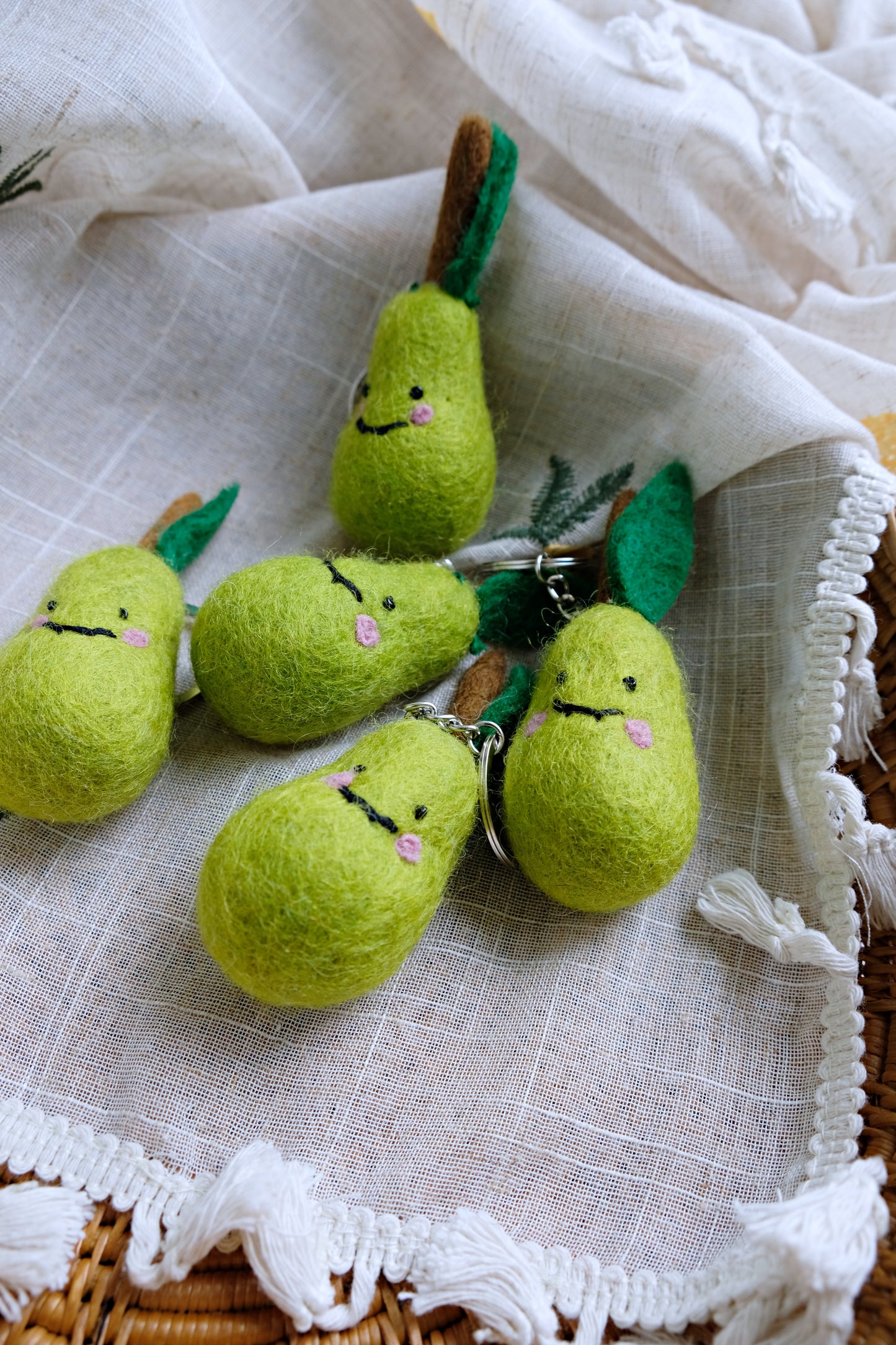 Needle felted smiling PEAR keychain