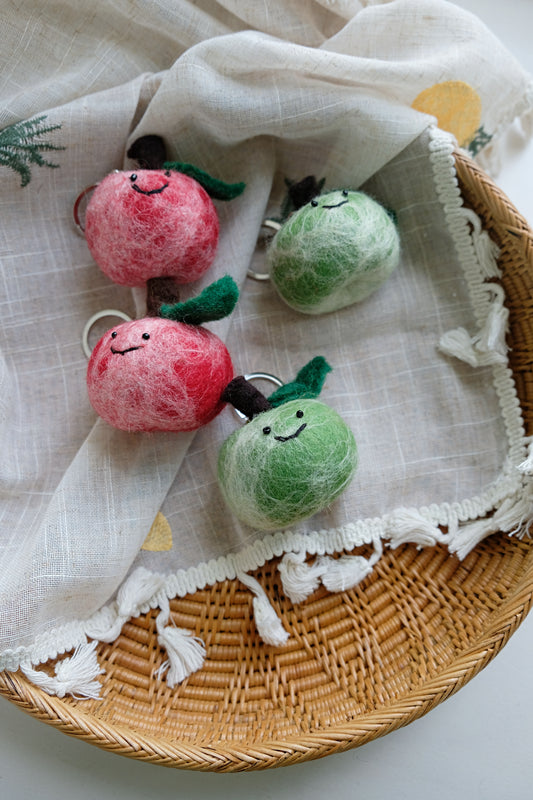 Needle felted red and green APPLE keychain