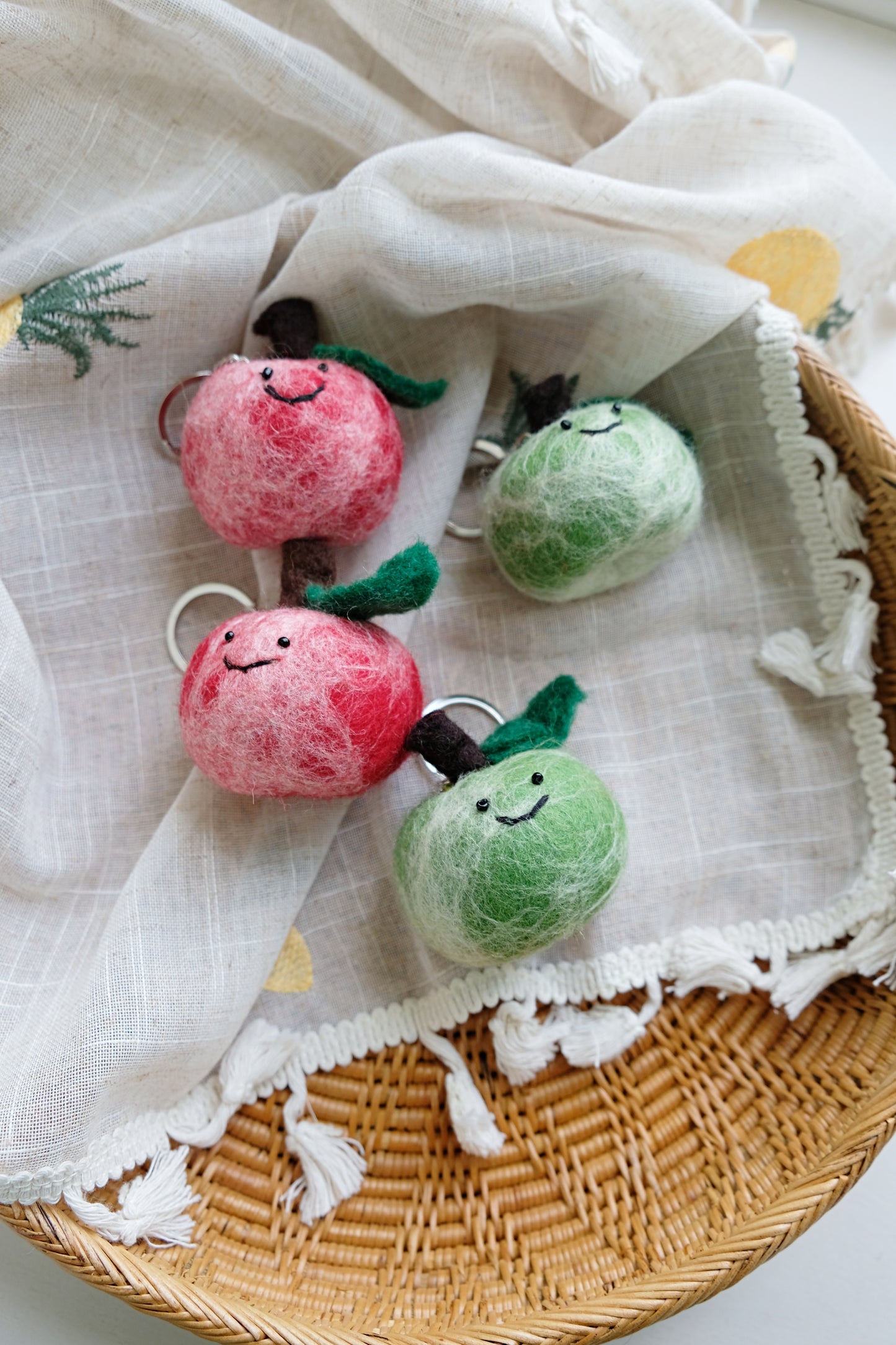 Needle felted red and green APPLE keychain