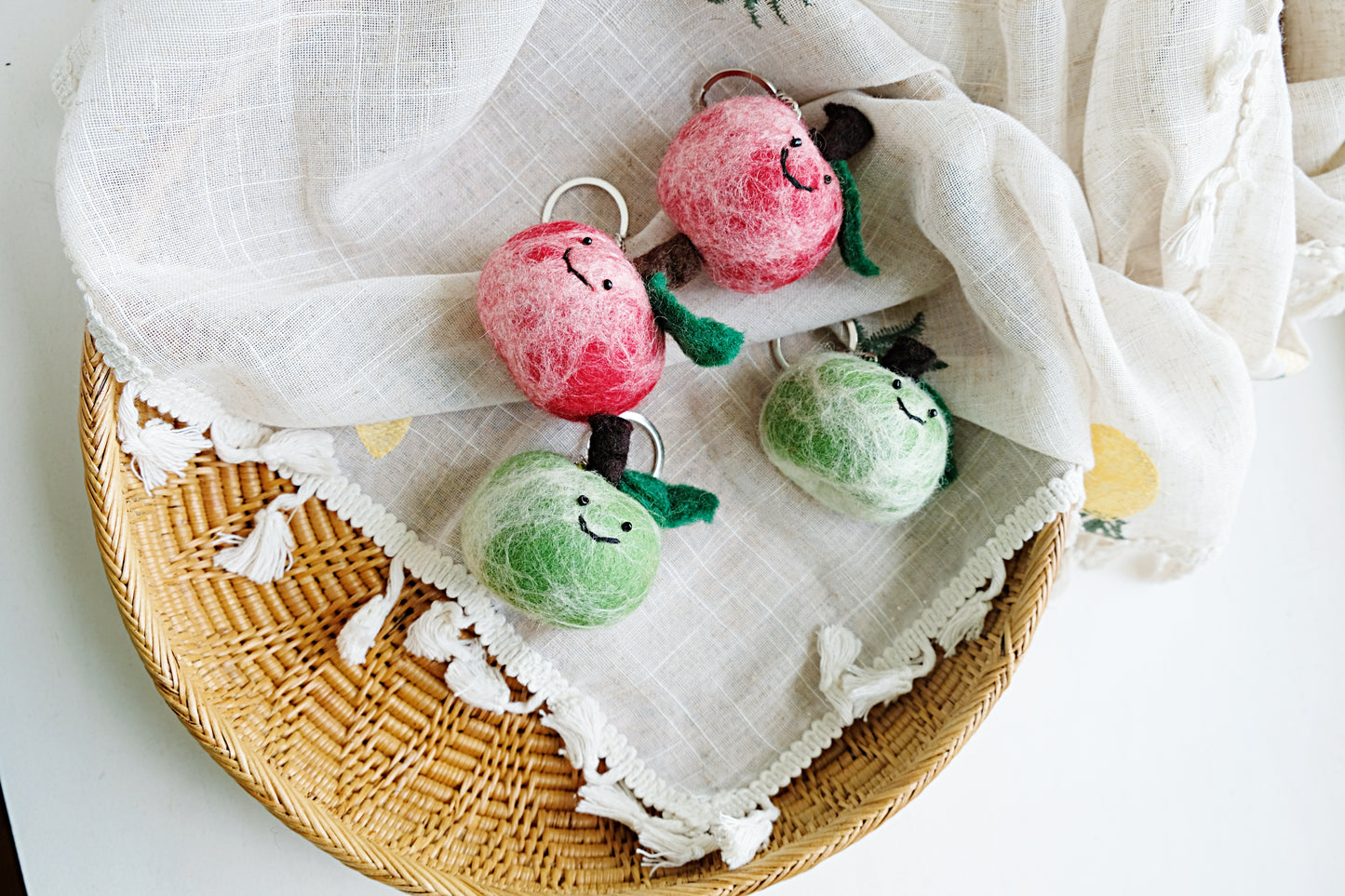 Needle felted red and green APPLE keychain