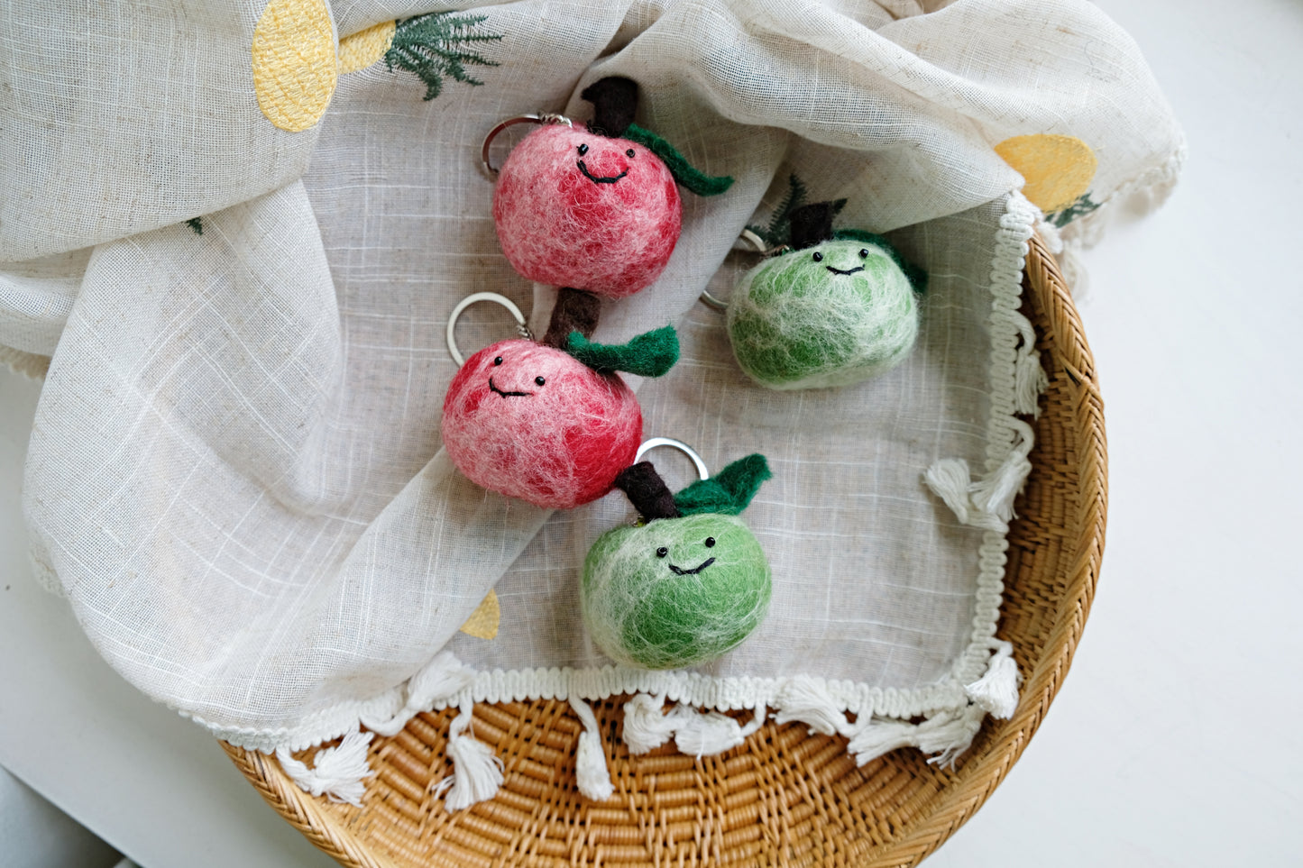 Needle felted red and green APPLE keychain