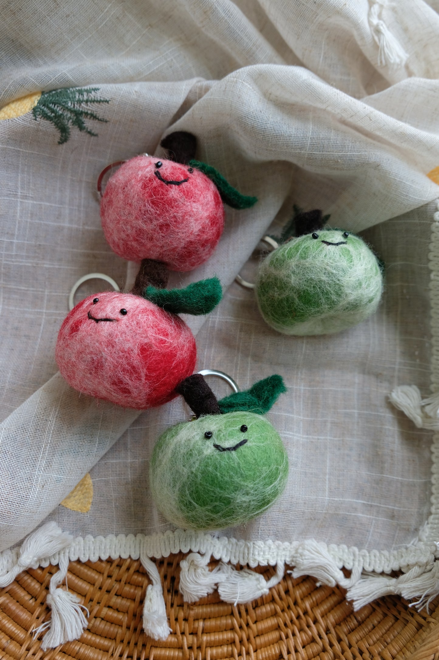 Needle felted red and green APPLE keychain