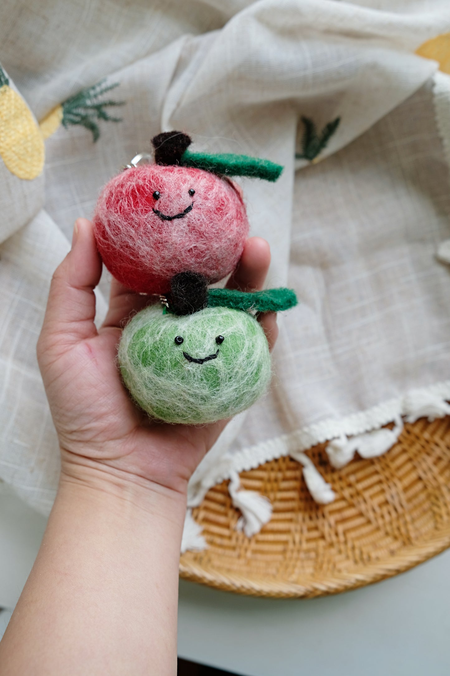 Needle felted red and green APPLE keychain