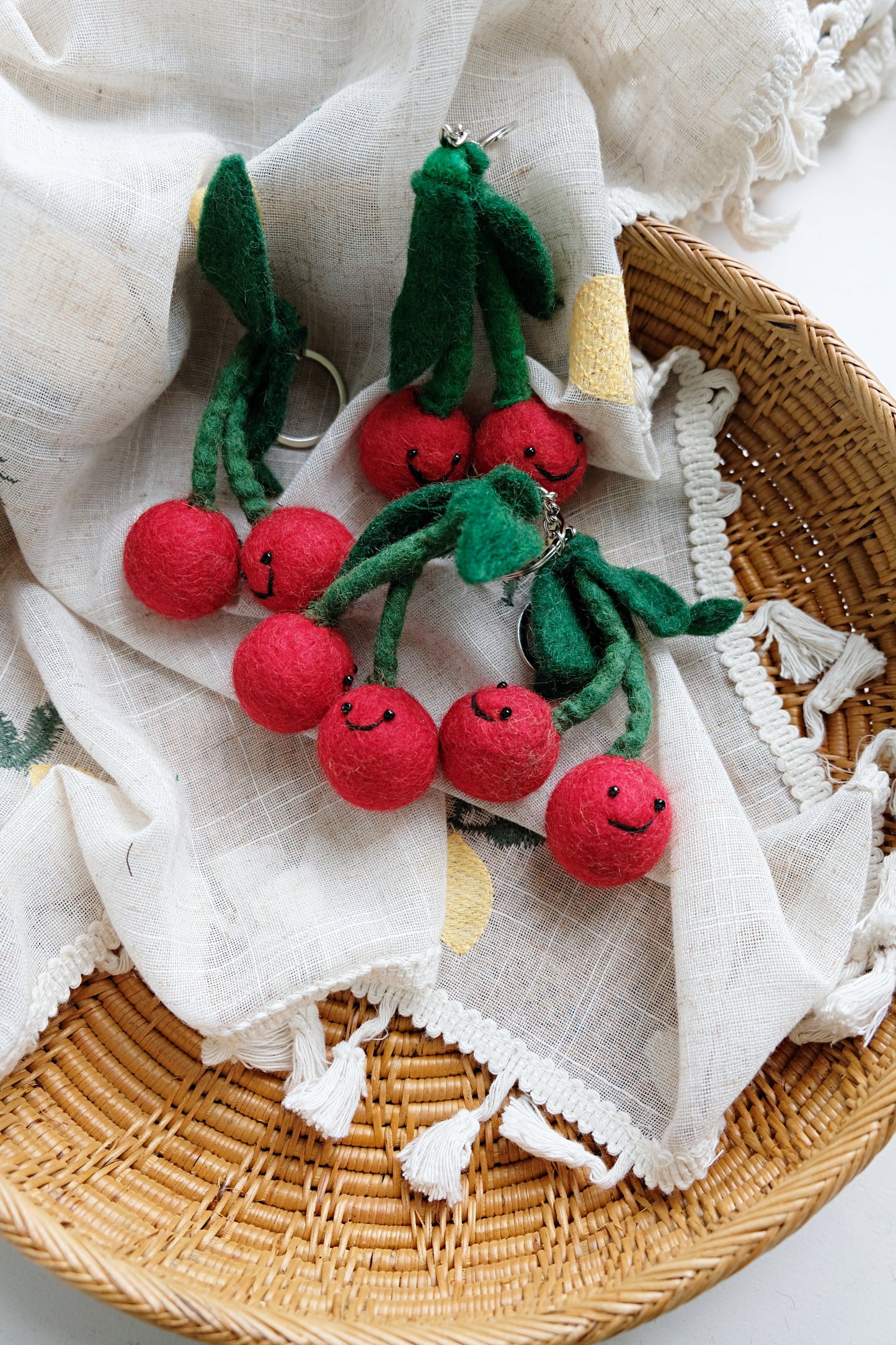 Needle felted red Cherry key chain