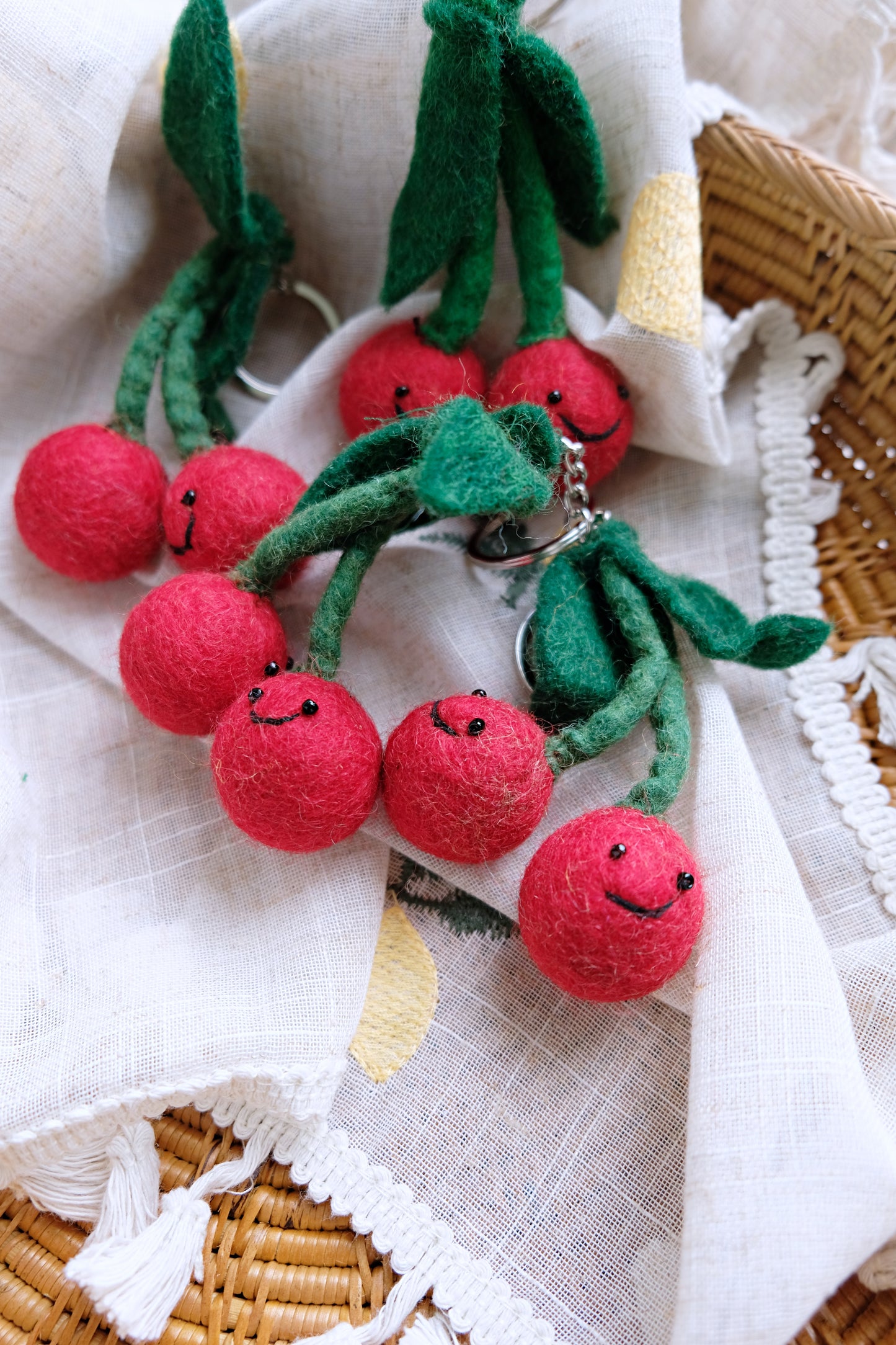 Needle felted red Cherry key chain
