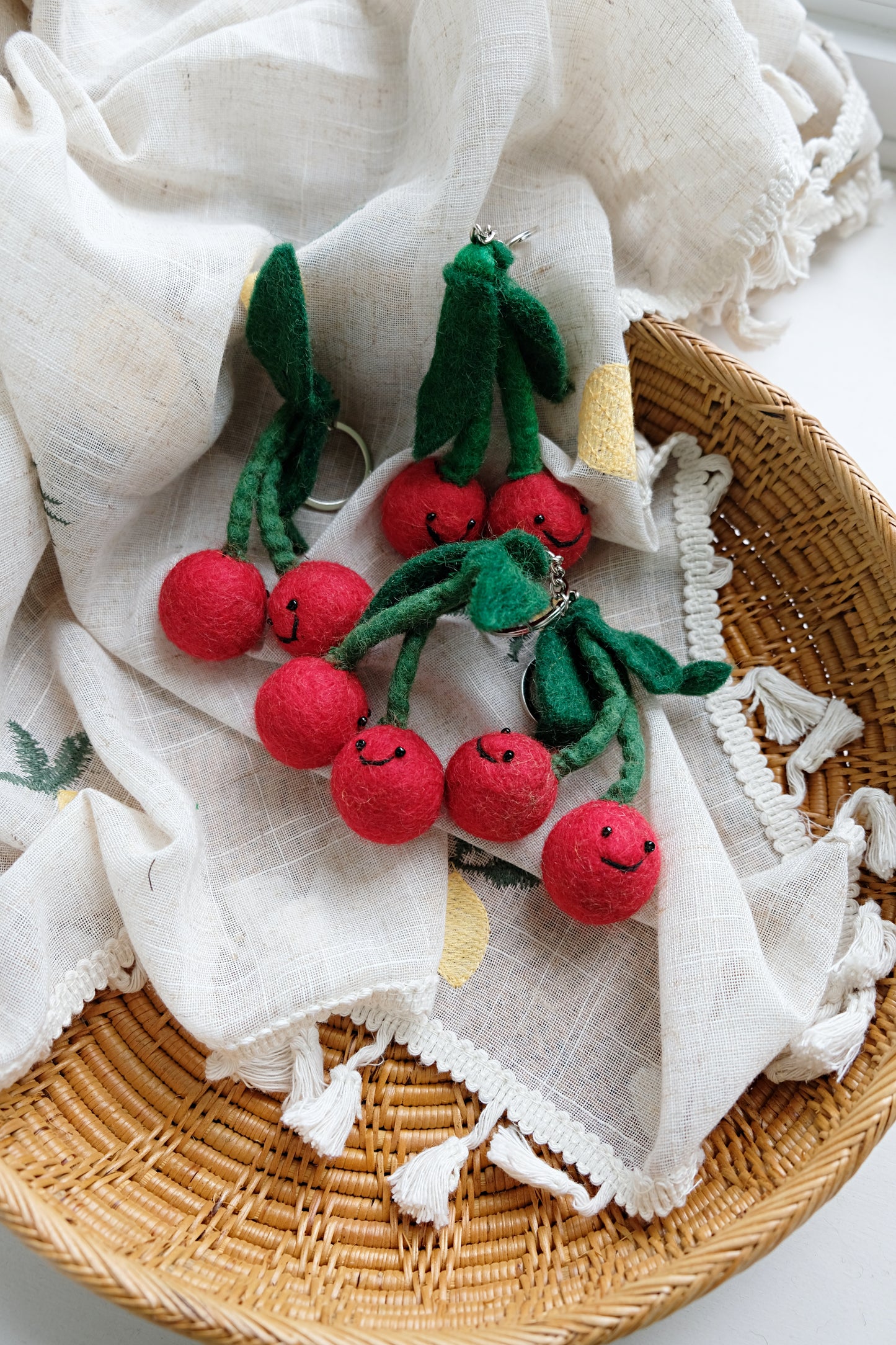 Needle felted red Cherry key chain