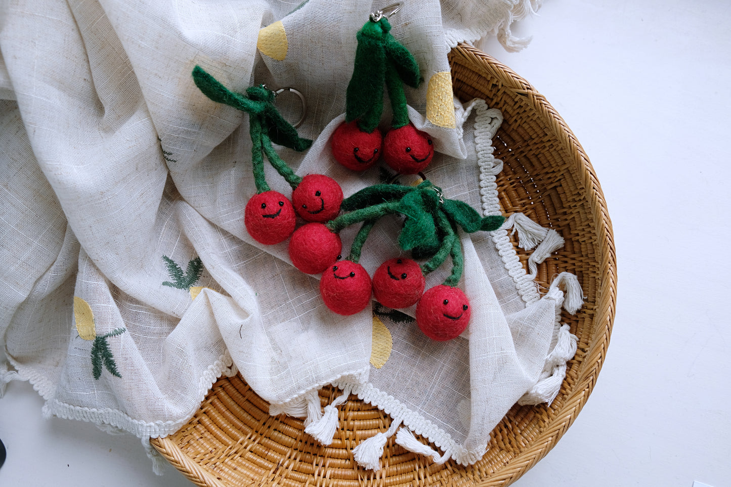 Needle felted red Cherry key chain